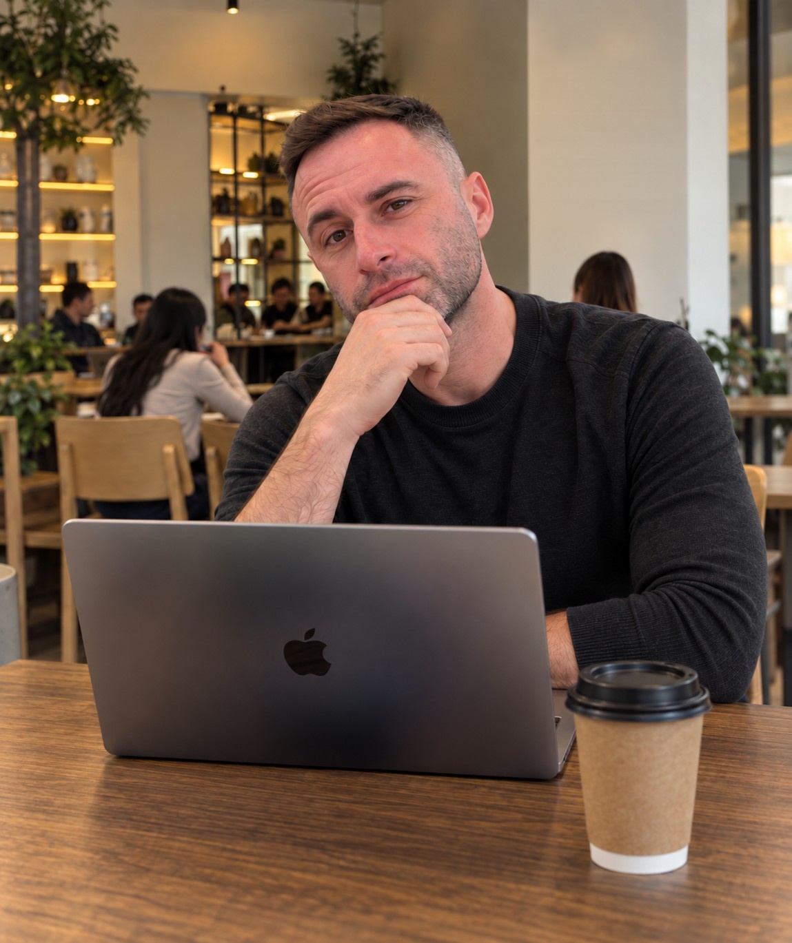 Steven Hoffman at a café table with his laptop